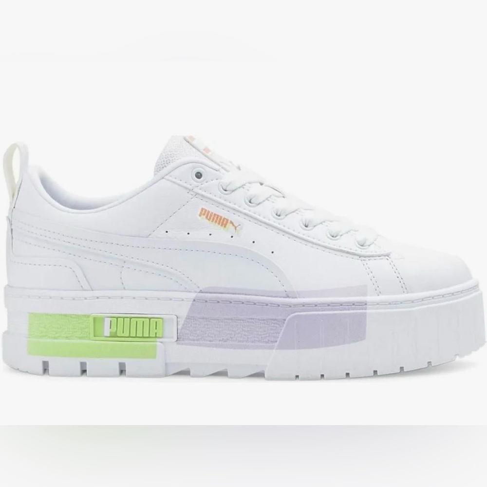 Puma White Leather Platform Sneakers with Pastel Green and Lavender Accents